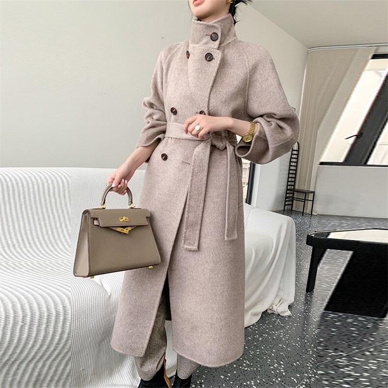 优雅气质女装双面呢大衣秋冬保暖显瘦长款外套时尚百搭粉色系，女装双面呢大衣，乾庄羊绒