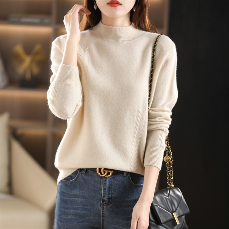 女士羊毛衫长袖麻花加大半高领羊毛，女装羊毛衫，鑫源羊绒