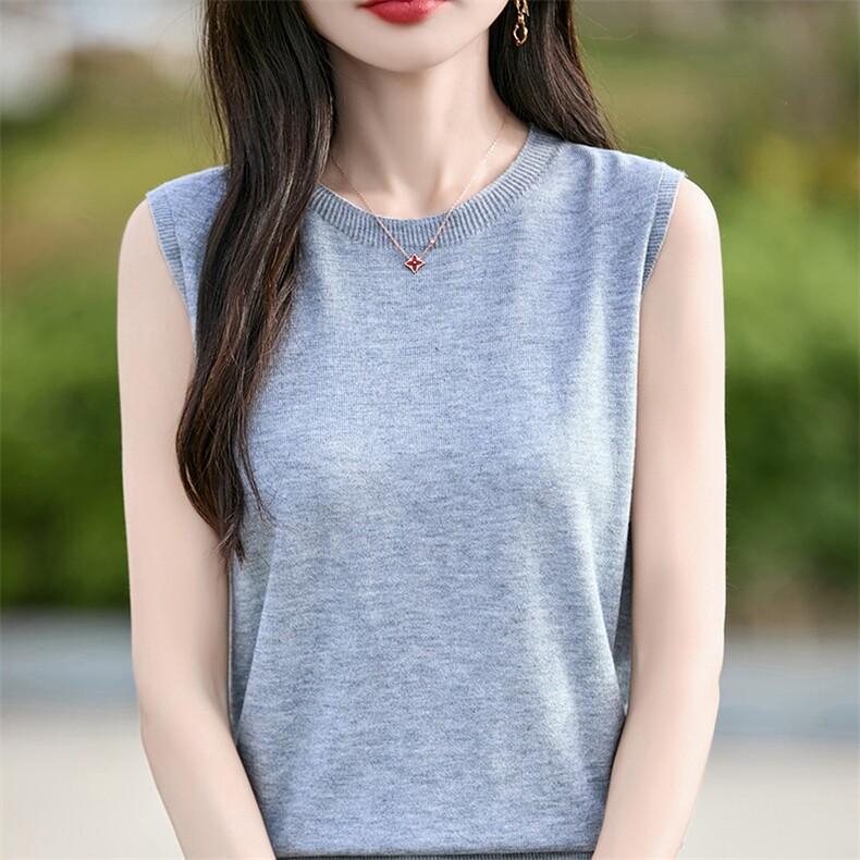 春款修身显瘦百搭时尚圆领女士纯色气质无袖上衣,女装T恤,佰米娇羊绒