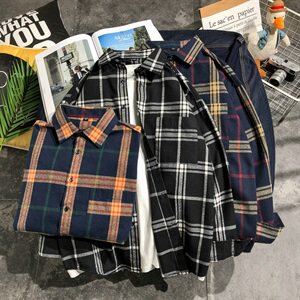 长袖衬衫男士春秋季韩版潮流帅气宽松格子衬衣DF01T,格子西服搭配要点图片