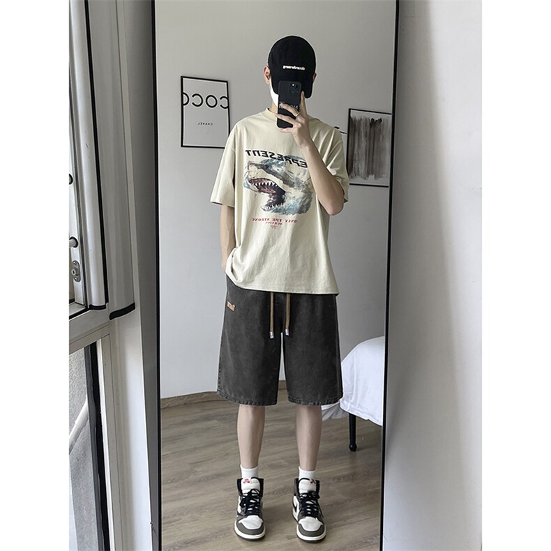 港风牛仔五分宽松潮牌时尚绣标休闲牛仔短裤DK851-特批34,男装休闲裤,星座718-1