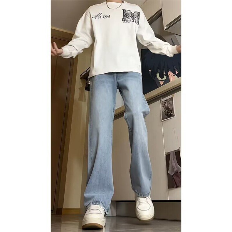 美式高街vibe中高腰提档裤子男复古蓝弯刀牛仔裤直筒微喇裤NP905,男装牛仔裤,星座1116A-1（原606A）
