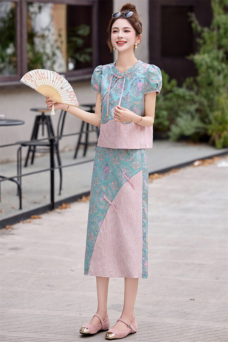 新中式复古盘扣套装连衣裙女2025夏季新款提花拼接两件套裙子,女装套装/套裙,流量+