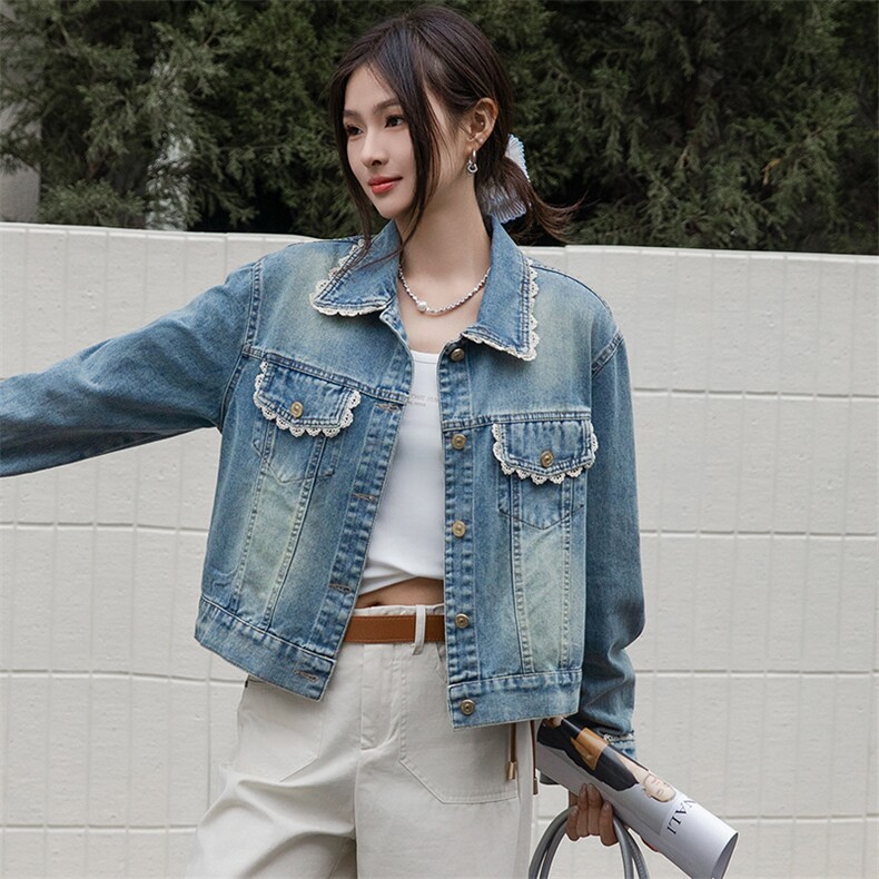 bao款蓝色牛仔外套女短款2025春季新款时尚气质直筒毛边夹克上衣,女装牛仔外套,跑量工厂店
