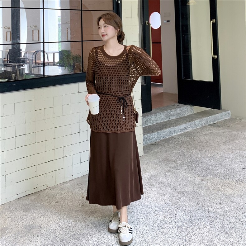 咖色美拉德镂空罩衫吊带裙套装2025新款女秋季轻熟气质穿搭两件套,女装连衣裙,维壹