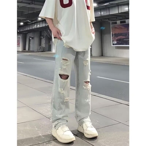 美式高街破洞水洗牛仔裤男夏季直筒阔腿vibe裤子休闲裤L70644-p45图片