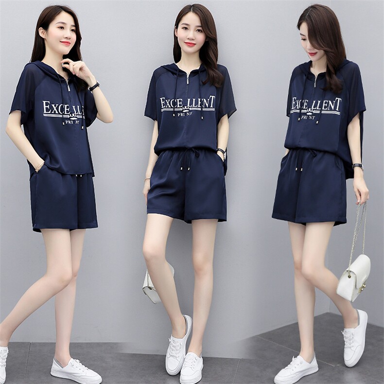 短袖时尚套装女夏季2023新款女装韩版时尚休闲印花短裤两件套，女装套装/套裙，慧尚依恋