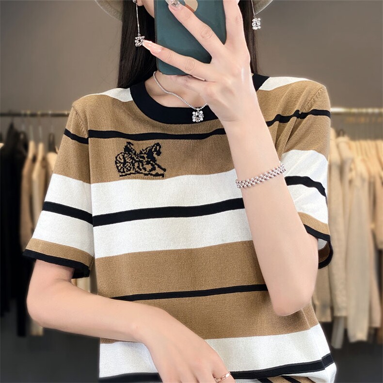 时尚条纹短袖冰丝针织衫女夏季新款宽松显瘦小马车刺绣上衣,针织衫/毛衣,萱芳婷羊绒