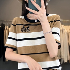 时尚条纹短袖冰丝针织衫女夏季新款宽松显瘦小马车刺绣上衣，女装针织衫/毛衣，萱芳婷羊绒