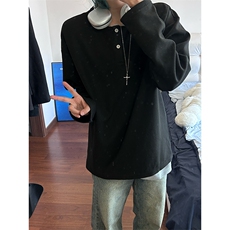 港风日系复古早秋男女套头V领长袖T恤设计感XZ213-V005-P35控48，男装T恤，星座213