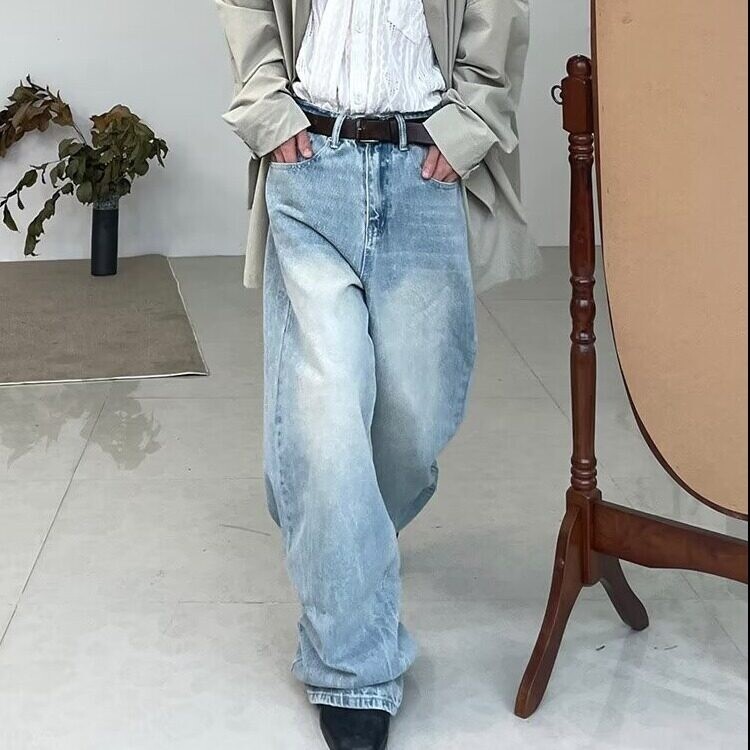 牛仔裤夏季美式复古潮牌破洞直筒裤水洗宽松阔腿休闲长裤nkk07P45,男装牛仔裤,电商D256-2(原A064-2)
