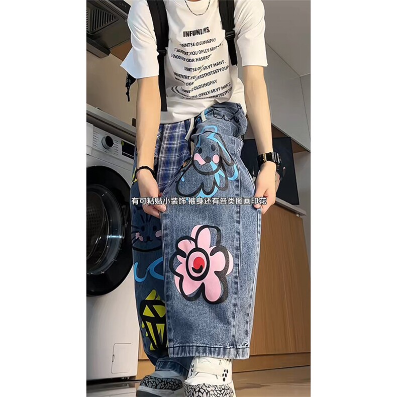个性涂鸦牛仔裤美式ins高街直筒印花休闲长裤25XK67121特批55,男装牛仔裤,电商A042