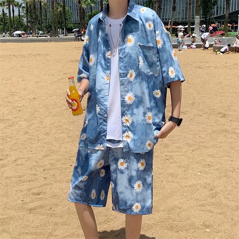 满印雏菊短袖套装男夏日系宽松五分袖五分短裤2021外套W977-P55,男装衬衫,星座512-2