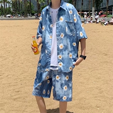满印雏菊短袖套装男夏日系宽松五分袖五分短裤2021外套W977-P55，男装衬衫，星座512-2