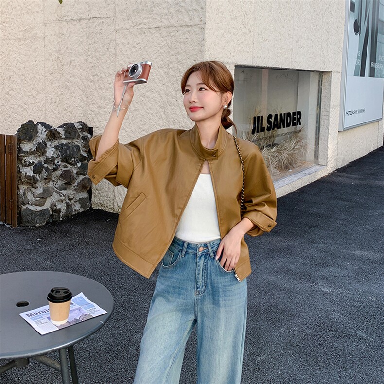 甜酷风黄色皮衣外套女春秋2025新款小个子又酷又飒机车服PU皮夹克,女装短外套,2C285