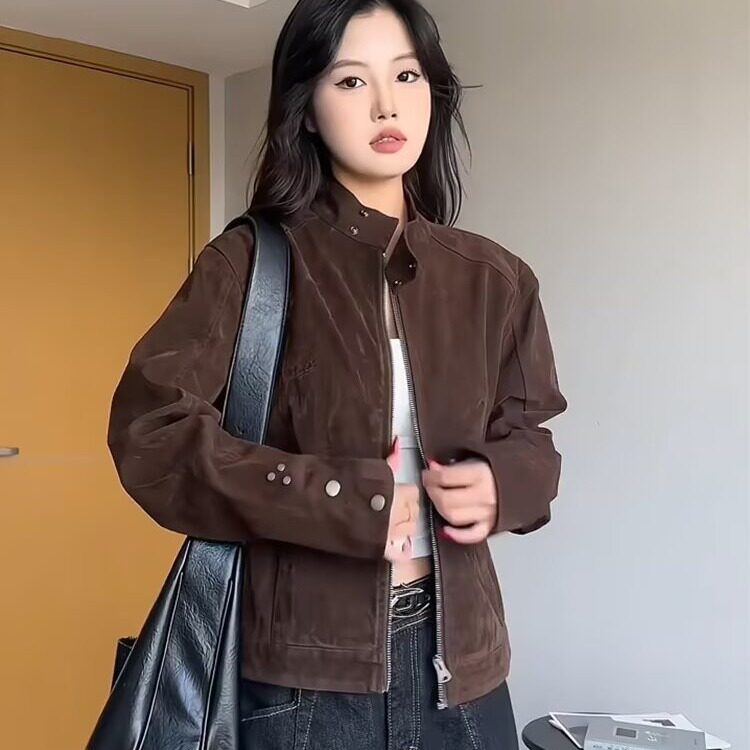 9226-P102美式复古皮衣外套女高级感2025春秋季新款炸街机车服,男装皮衣,电商B323A