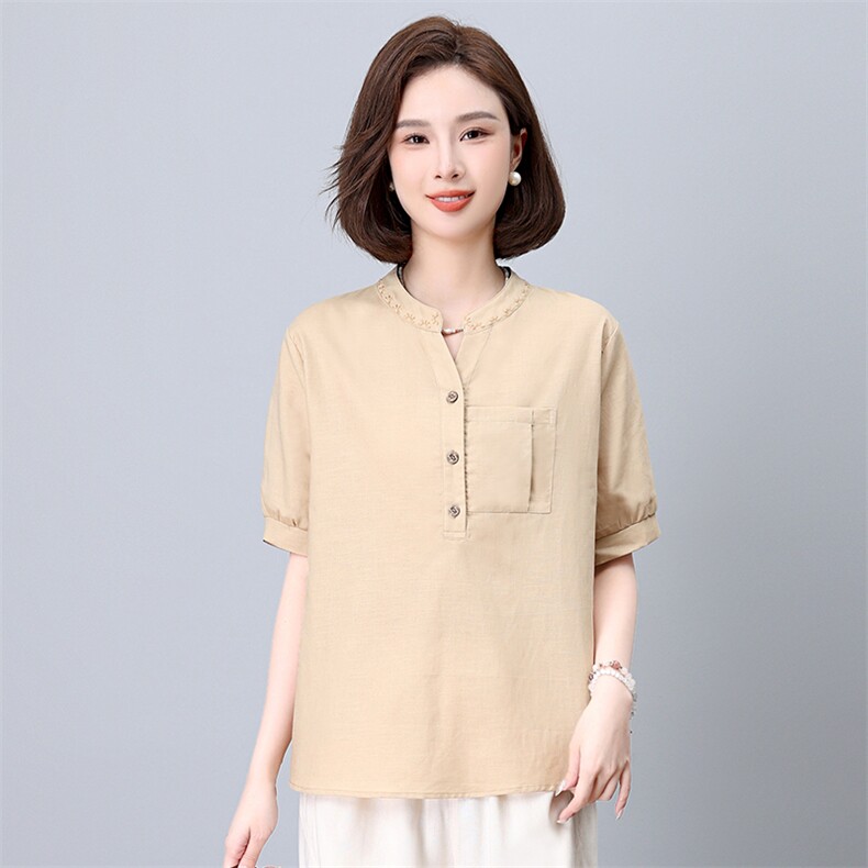 2024夏季新款棉麻刺绣宽松显瘦短袖上衣,女装T恤,悦见她