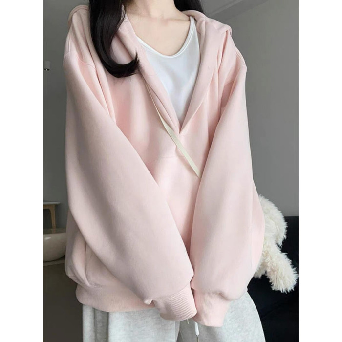 QC032-P65  多巴胺超甜美粉色连帽v领卫衣女春秋冬百搭外套图片