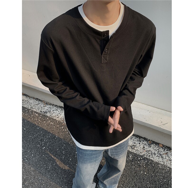 主推高级感假两件亨利领设计长袖T恤中性打底衫男H997特P33,男装T恤,电商A341