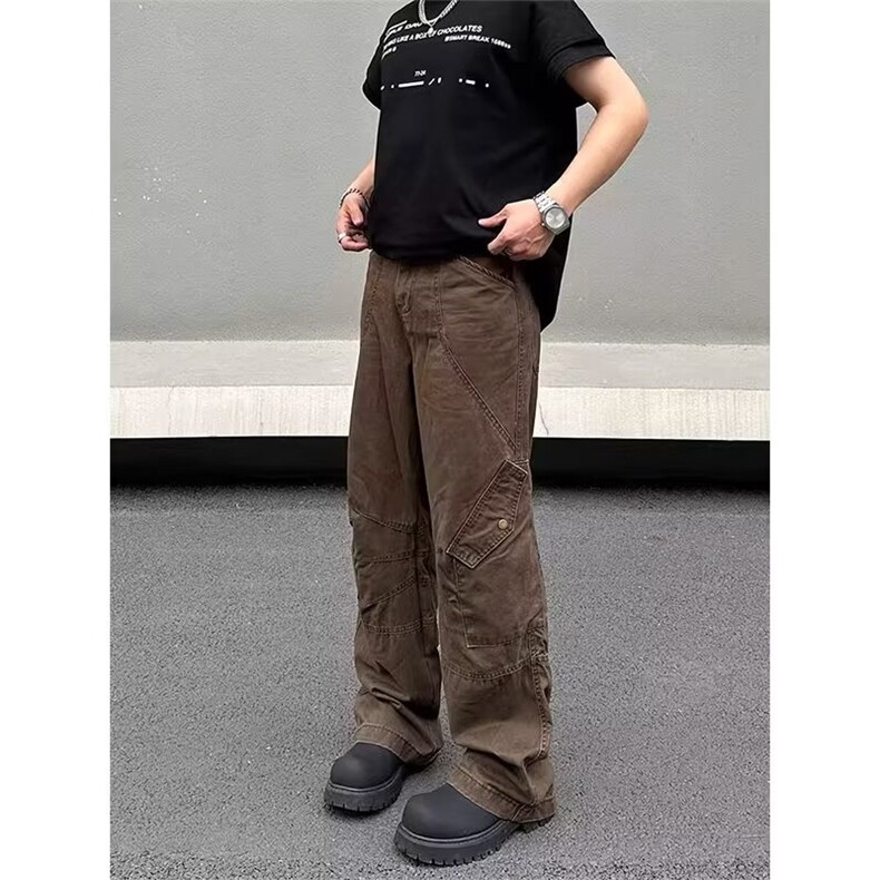 美式复古咖色多口袋工装牛仔裤女设计感宽松直筒显瘦阔腿长裤子潮图片