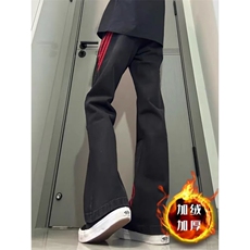 斜杠三条纹红黑撞色拼接休闲长裤加绒加厚直筒牛仔裤K8003P48网图，男装牛仔裤，电商B245