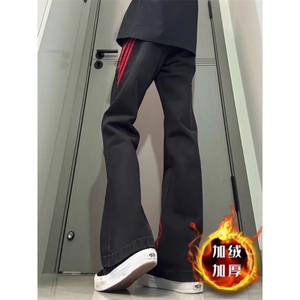 斜杠三条纹红黑撞色拼接休闲长裤加绒加厚直筒牛仔裤K8003P48网图图片