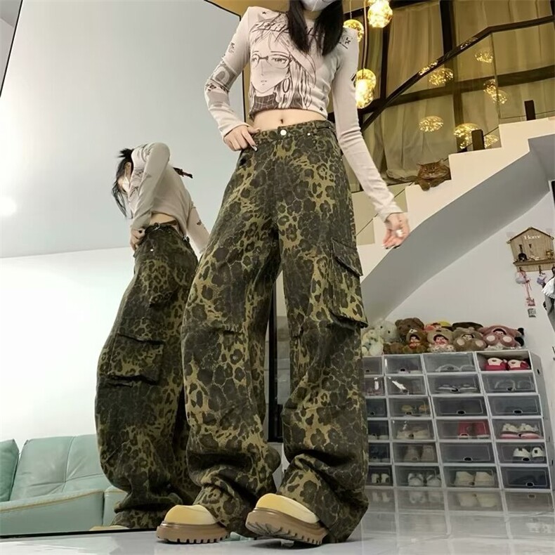 现货豹纹牛仔裤男女同款新款美式高街设计感小众宽松直筒休闲,男装牛仔裤,星座218-1（原230）