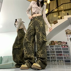 现货豹纹牛仔裤男女同款新款美式高街设计感小众宽松直筒休闲，男装牛仔裤，星座218-1（原230）
