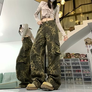 现货豹纹牛仔裤男女同款新款美式高街设计感小众宽松直筒休闲图片