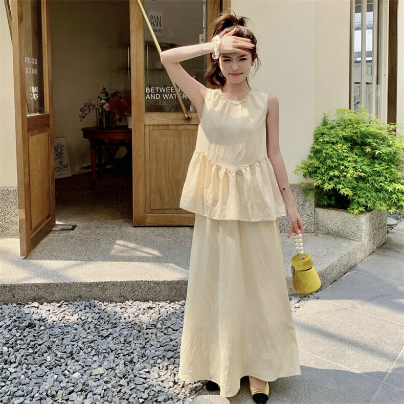【新品现货】清冷感禅意仿天丝珍珠领背心2件套8811-P125-K175,女装连衣裙,2C317A