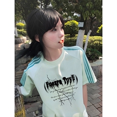 抖音得物品质二开240克宽松纯棉美式潮牌印花三条杠中性风短袖T恤，男装T恤，电商A486