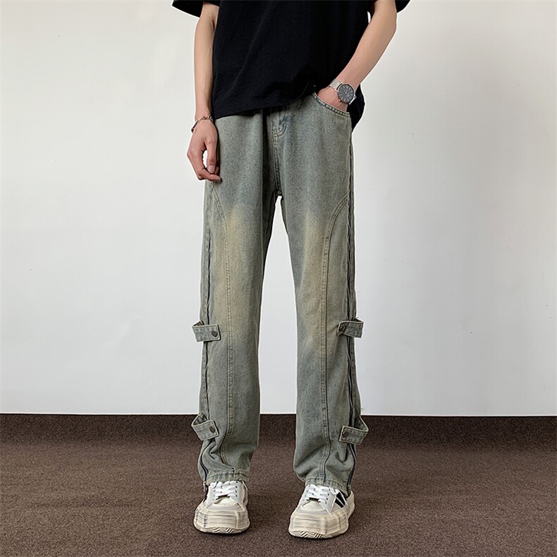 美式设计感长裤潮牌直筒链条牛仔裤潮炸街泥黄色裤子男C27/P58，男装牛仔裤，电商B381-1