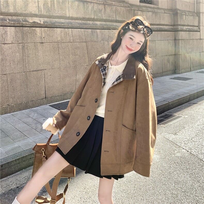 美拉德格纹拼接咖色外套女春秋2025新款甜美减龄穿搭大衣流行爆款,女装短外套,2B237