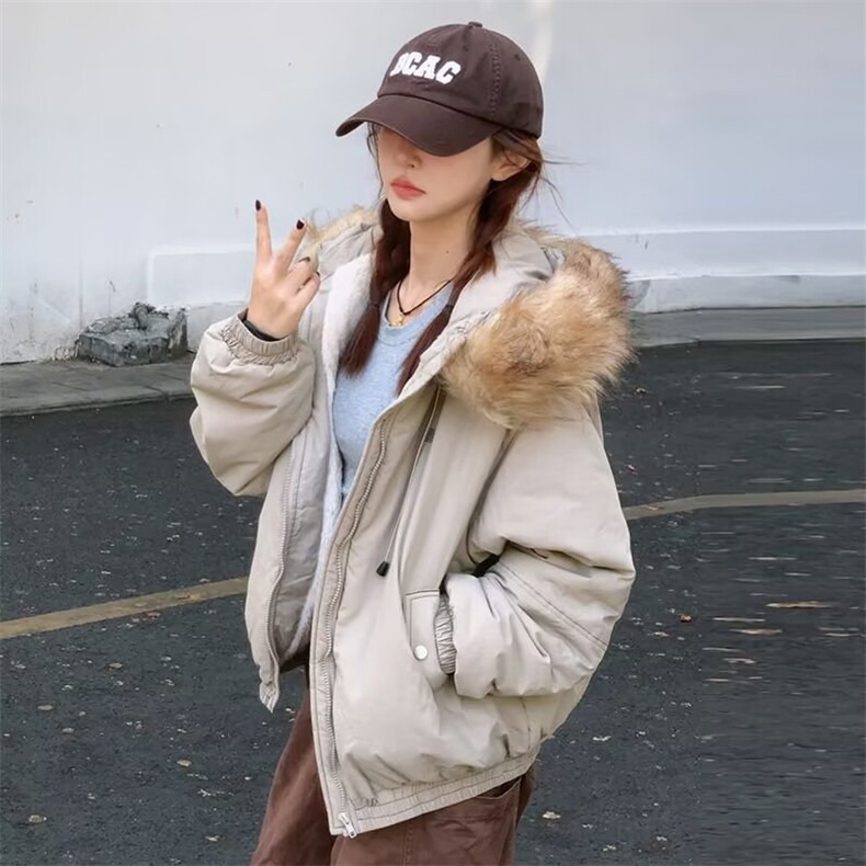 复古毛领连帽棉服女冬季设计感加厚保暖派克服棉衣外套2025新款,男装棉衣,星座506A