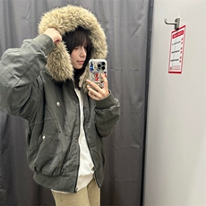 现货重磅boxy短款棉衣座山雕大毛毛领男女棉服水洗工装厚外套，男装棉衣，电商A486