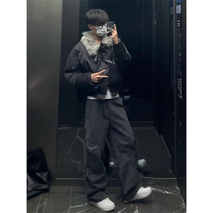 冬季新款黑色毛领夹克棉服男高街皮扣设计感棉衣美式潮牌百搭外套图片