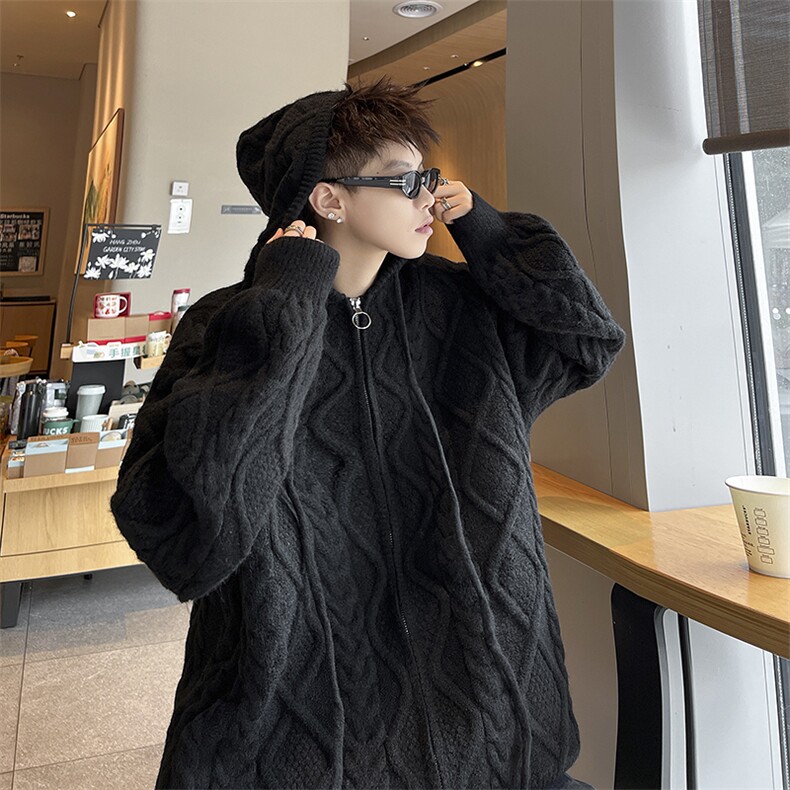 B363P68加厚慵懒风休闲情侣针织衫男女外套连帽开衫毛衣带帽毛线,男装针织衫/毛衣,星座512-6