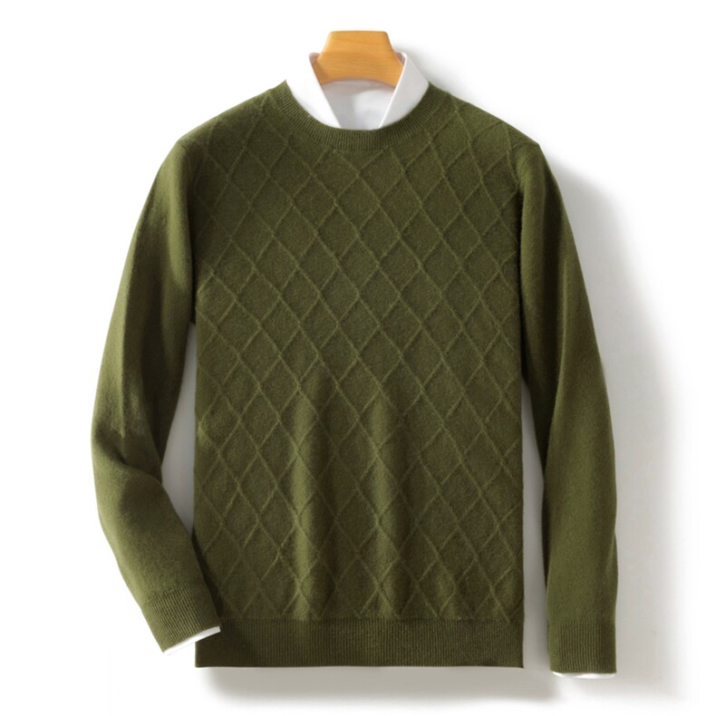 2024年秋冬季澳洲羊毛轻薄圆领菱形格羊毛衫，男装羊毛衫，忠诺羊绒