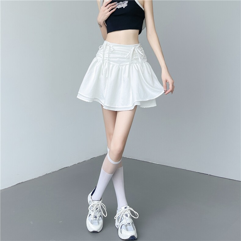 松紧腰系带宽松显瘦短裙女2024夏季新款百搭设计感双层短裙子,女装半身裙,梦白服饰厂
