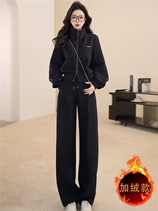 女秋冬新款高级感休闲时尚套装减龄显瘦拉链开衫外套阔腿裤两件套图片