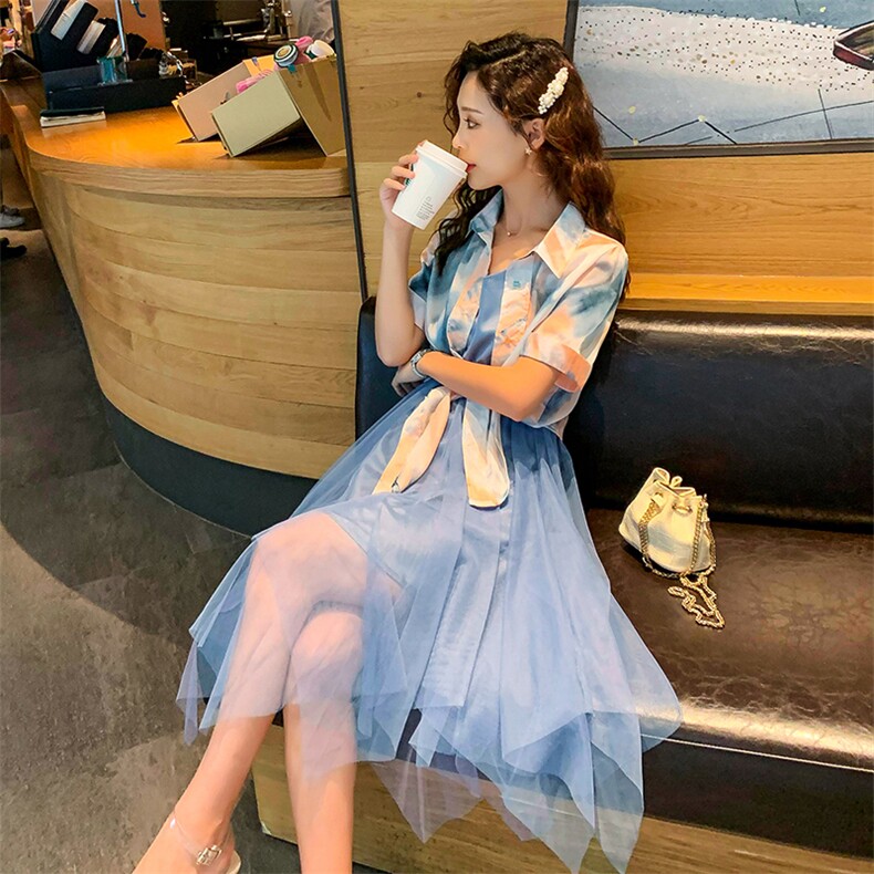 2020年夏季时尚潮流复古衬衫网纱吊带裙套装/套裙,女装套装/套裙,曼娅璐