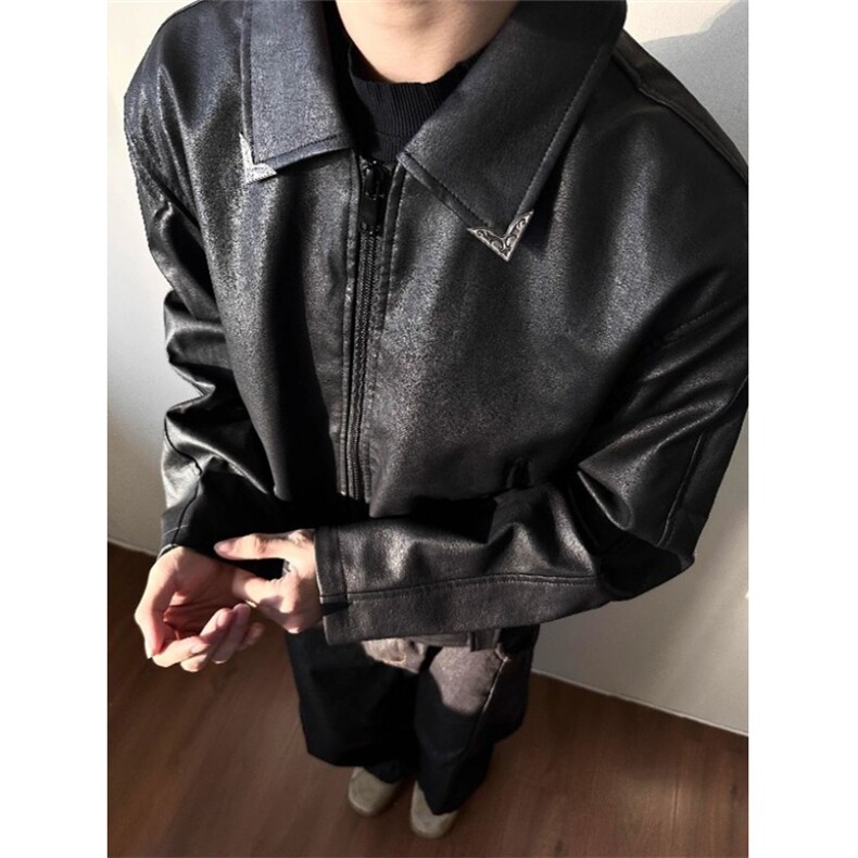春季男装油蜡UV裂纹肌理夹克复古PU皮衣短款外套男女 PB973图片