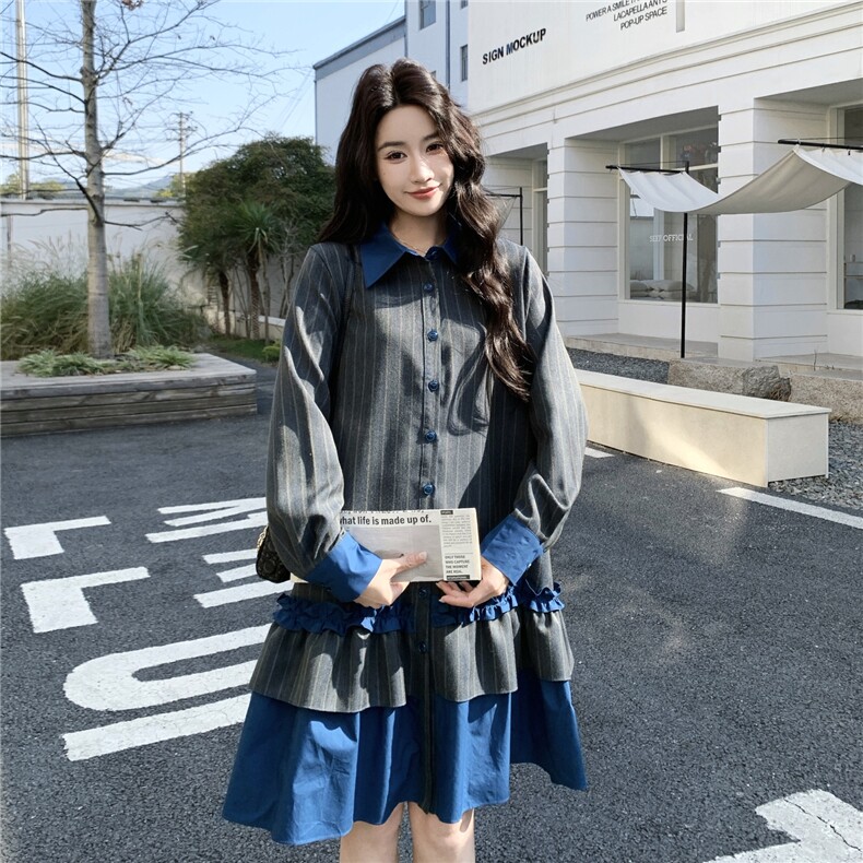 【新款】学院风荷味边宽松撞色连衣裙2C327-6602-P150控228,女装连衣裙,2C327