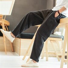 秋季新款男装棉麻风盘扣提花宽松休闲裤小脚裤藏青，男装休闲裤，电商B277(原6028)