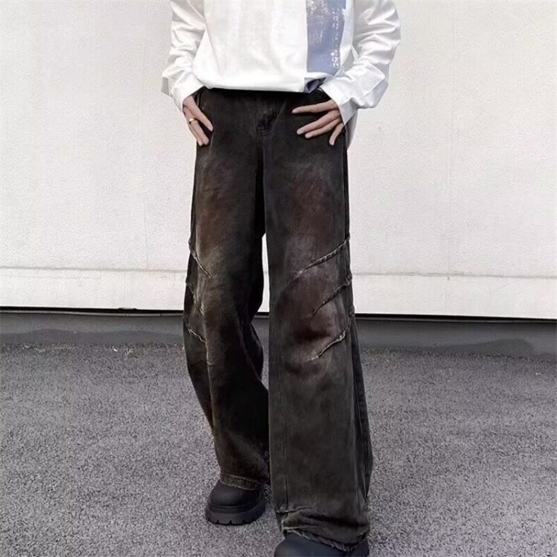 春秋款美式复古脏染抓痕设计感牛仔裤男宽松直筒阔腿男生裤子水洗,男装牛仔裤,星座506A