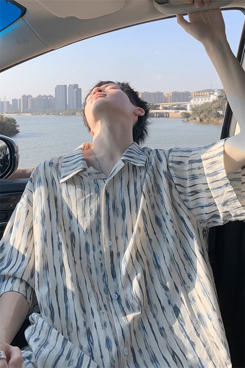 条纹短袖衬衫5X4010-TP4579扎染设计感沙滩宽松休闲上衣男,男装衬衫,电商A102