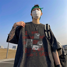 直播品质重磅240克美式复古蜡染水洗做旧宽松短袖t恤T1202-P38，男装T恤，电商A486