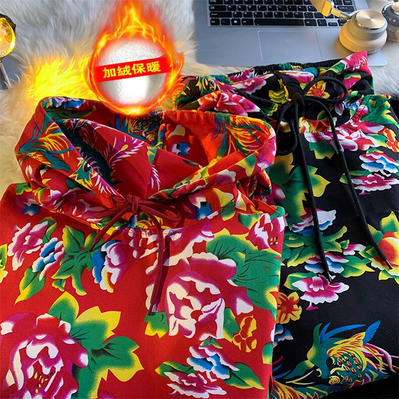 W204冬新男女团队服大花连帽卫衣外套土潮民族特色花卫衣情侣班服，男装民族服装，星座115A-1