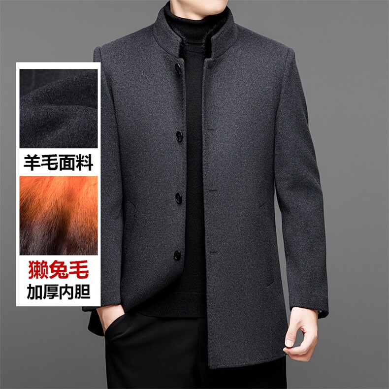 高端中年羊毛双面呢水貂毛领立领外套男中老年濑兔毛内胆羊毛大衣，男装毛呢大衣，钱塘723