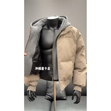 网图美式假两件pu皮短款棉服男款冬季加厚工装棉袄连帽外套特P89，男装皮衣，电商C306-1